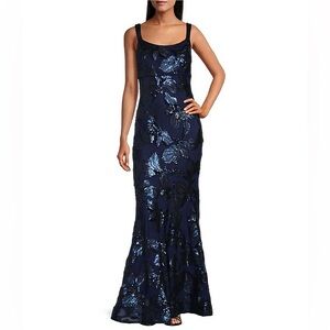 NWT: R & M Richards Embroidered Sequin Sweetheart Neck Sleeveless Mermaid Gown